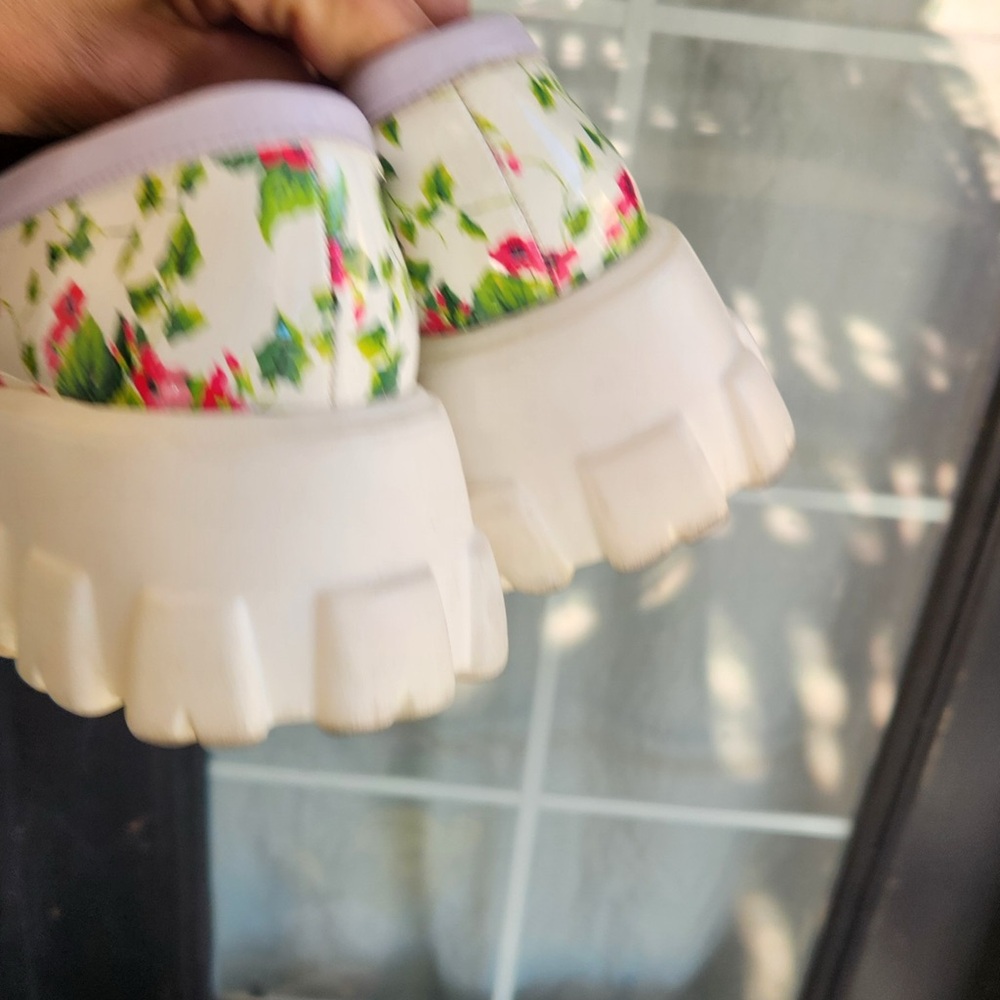 Betsey Johnson White Floral Chunky Loafers with Pink & Orange Flower Accents - Picture 6 of 7